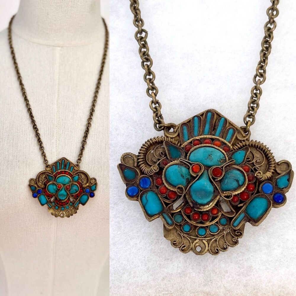 VTG Tibetan-Nepalese Zeeba Amulet Necklace Turquoise, Lapis Lazuli, Red Coral